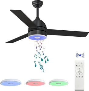 Black 52 Inch Ceiling Fan with RGB Dimming LED Light,with Music Bluetooth - Picture 1 of 6