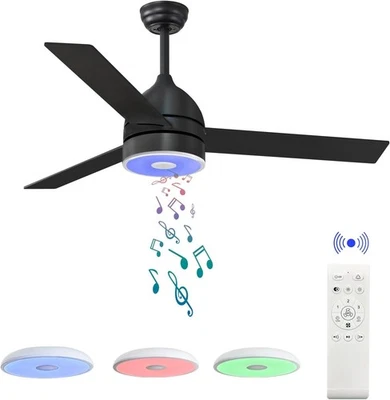 Black 52 Inch Ceiling Fan with RGB Dimming LED Light,with Music Bluetooth - Image 1 of 4