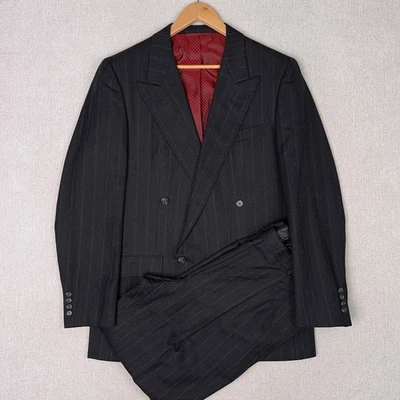 Vintage 80s Hickey Freeman Flannel Peak Double Breasted 2Pc Suit 42L Full Canvas - Image 1 of 4