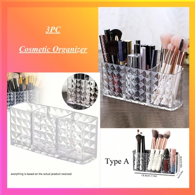 Cosmetic Organiser – 3-Compartments Lipstick & Brush Storage Holder for Desk