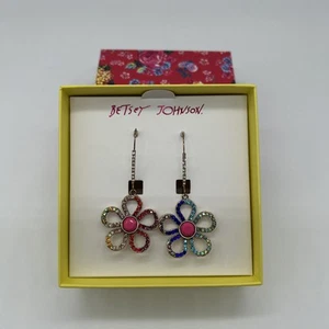 Betsey Johnson Gold Tone Flower Drop Earrings Ombre Crystal Accent NWT Excellent - Picture 1 of 6