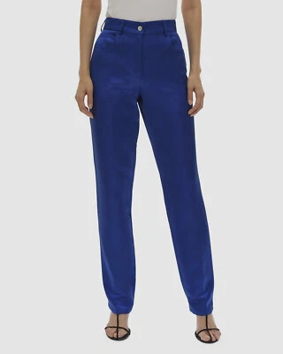$655 Helmut Lang Women's Blue Satin Flat Front Solid Straight-Leg Pants Size 6 - Image 1 of 4