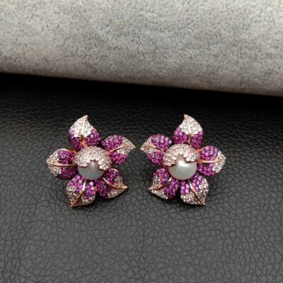 Cz Pave Pearl Earrings White Pearl Rose Gold Plated Cz Flower Stud Earrings - Image 1 of 4