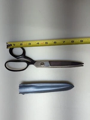 Vintage USED Chrome Large Pinking Fabric Shears Scissors JOY USA 9" Blue Sheath - Image 1 of 4