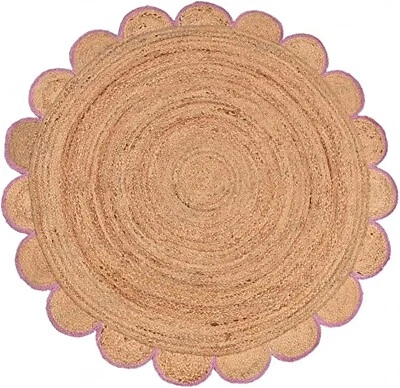 Rug Round Latest Design Jute Rug Hand Woven Bohemian Living Room Rug Beige Pink - Image 1 of 4