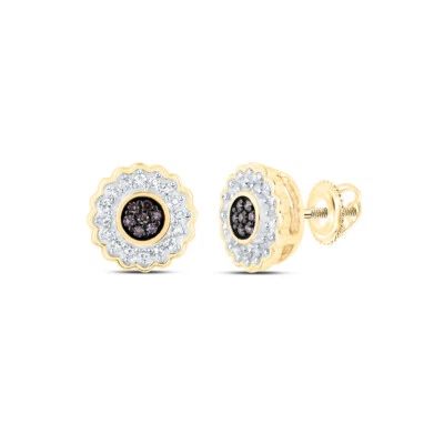 Pendientes redondos de oro amarillo de 10 quilates con racimo de diamantes marrones de 1/6 quilates para mujer Foto 1 de 2