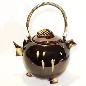 Vintage Tilso Fisch Teekanne mit Fuß Spiraldrahtgriff Rotware abgebrochener Fuß - Bild 1 von 8