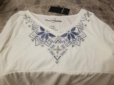 NEW Girls Abercrombie and Fitch 7/8  Tshirt Top White with Blue Embroidery NWT  - Image 1 of 4