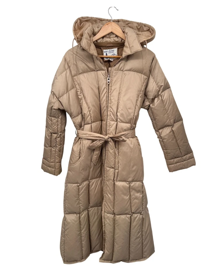 Chaqueta de plumón y plumas vintage para mujer grande bronceada acolchada nailon capucha cinturón Foto 1 de 4