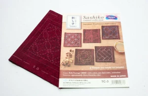 Japanese Fabric Tsumugi Sashiko Coasters/Sampler Set - Red - Picture 1 of 1