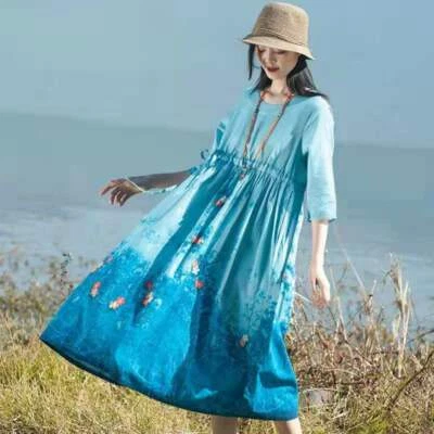 Moda Mujeres Algodón Lino Suelto Playa Informal Verano Bolsillos Largos Estampado Vestido/L Foto 1 de 4