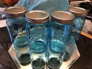 Ball Mason Jar Aqua Blue Wide Mouth Glass Quart USA Embossed Fruit Lot Of 4 - Picture 1 of 4