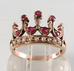 REGAL 9K 9CT ROSE GOLD AAA RUBY & PEARL CROWN VINTAGE INS RING FREE RESIZE - Picture 1 of 5