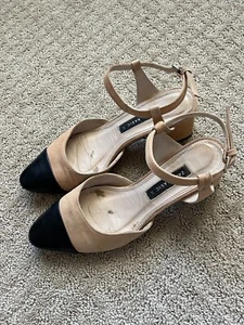 Zara COMBINED MID-HEEL LEATHER SLINGBACK SHOES Size 6.5, Block Heel, Beige Black - Picture 1 of 6