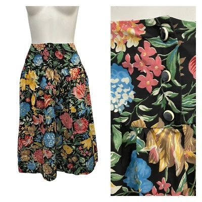 1990s Floral Skirt / 90s High Waist Black & Pastel Floral Skirt / Small - Image 1 of 4