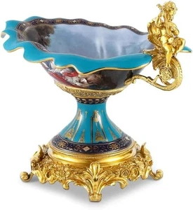 Fruttiera in porcellana smerlata e bronzo - design con scena rococò classica - Foto 1 di 7