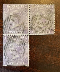 GB QV SG97 1865 3 x 6d lilac plate 5, emblems watermark Stockton pm - Picture 1 of 2