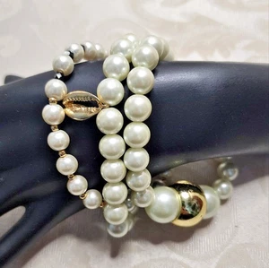 3PC VINTAGE 80S FAUX PEARL GLASS STRETCH BRACELETS GOLD TONE ACCENTS - Picture 1 of 11