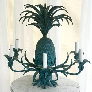 VTG MCM Tropical Pineapple Beach Bungalow Italy Tole Chandelier Light Fixture - Picture 1 of 10