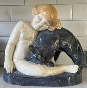 Figura de niño y gato Art Deco de 1930 - Gabriel Beauvais para edición Kaza - firmada - Imagen 1 de 24