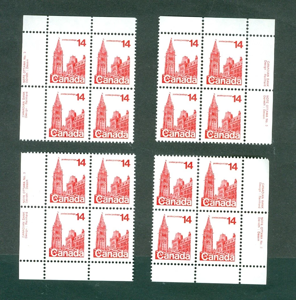 Canada. 1977. 4 Diff. Plate-Blocks. Mnh. 14 Cents. Parliament Building. Sc# 715 - Image 1 of 1