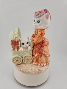 Mama Cat And Kitten In Baby Carriage Musical Figurine Hromalik Japan 6" - Picture 1 of 7