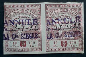 1922 Belgium pair of imperf 5c Quittances Revenue stamps "ANNULLE Singer" - Bild 1 von 2
