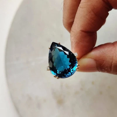 5 Ct Pear Cut Lab-Created London Blue Topaz Solitaire Ring 14K Yellow Gold Over - Image 1 of 4