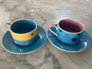 Whittard Of Chelsea Cups And Saucers Blue/Green Multicolored Polka Dot Dotty - Picture 1 of 4