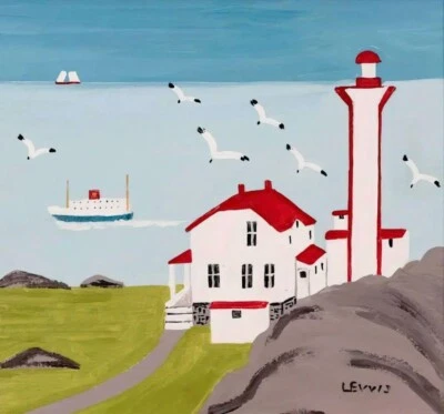 Lighthouse and Ferry Cape Forchu Maud Lewis Art Print Early 1900s Folk Maritime - Image 1 of 2
