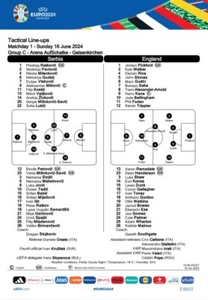 SELTEN Offizielles Serbien gegen England Euro 2024 Teamblatt 16.06.2024 GELSENKIRCHEN - Bild 1 von 1