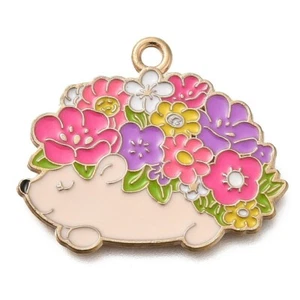 5 colgantes muy lindos de erizo con flores rosadas y moradas brillantes en forma de tono dorado - Imagen 1 de 2
