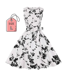 Pinup Retro Vintage 1950s Floral White Rockabilly Dress w/Belt NEW L - Picture 1 of 16