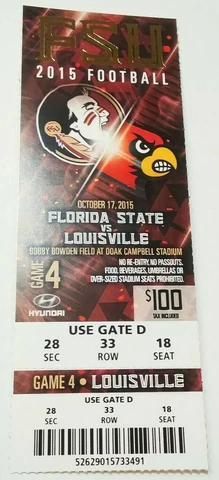 2015 Florida State Seminoles Louisville Football Ticket Stub Lamar Jackson 3 TDs Cover