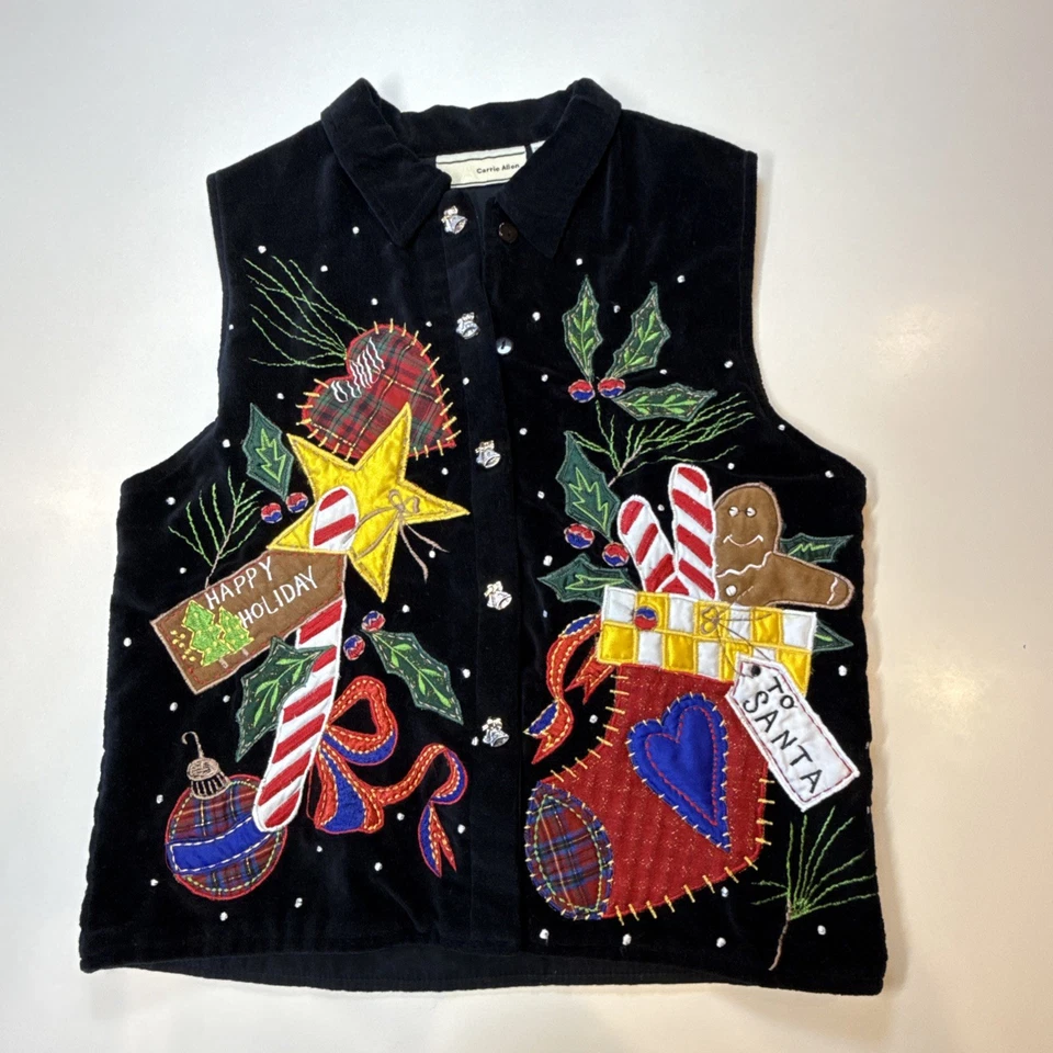Vintage Embroidered Christmas Vest CARRIE ALLEN Medium Stocking Angel Holly Star - Image 1 of 4