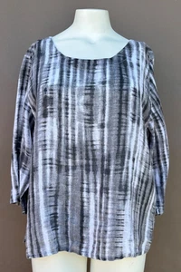 100% italienisches Leinen Top Bluse XL U-Ausschnitt Inizio grau weiß Batik Lagenlook - Bild 1 von 11