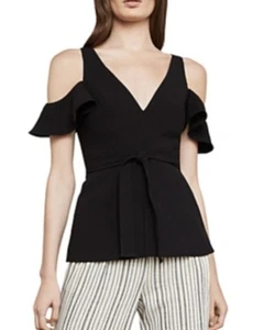 NWT BCBGMAXAZRIA E3221 Womens M Black Cold Shoulder Peplum Top $178 - Picture 1 of 10