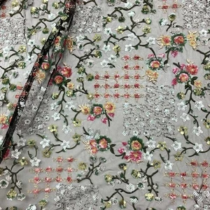 Tessuto Tulle Ricamato Fiorellini E Steli 50 Cm 5096 - Foto 1 di 6