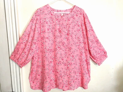 Blusa Top Woman Within Mujer 1X Plus 22/24 Floral Rosa Botón Manga 3/4 Foto 1 de 4