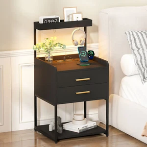 Ufurniture RGB LED Bedside Table 2 Drawers Cabinet with Charging Station Black - Picture 1 of 8