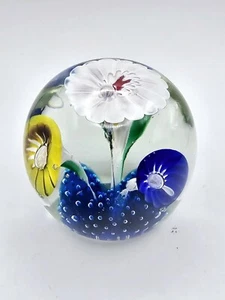 Vintage Murano Art Glass Paperweight Flowers 3" - Picture 1 of 4