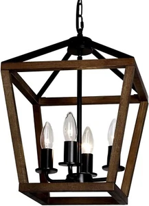 4-Light Lantern Pendant Light,Black Wood Cage Farmhouse Chandelier for Kitche... - Picture 1 of 5