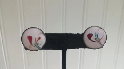 Pendientes atornillables disco arte moderno cobre esmaltado blanco vintage Foto 1 de 3