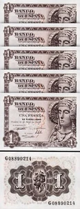 Spain Espana 1 Peseta 1948, UNC, 5 Pcs LOT, Consecutive, P-135 - Picture 1 of 4