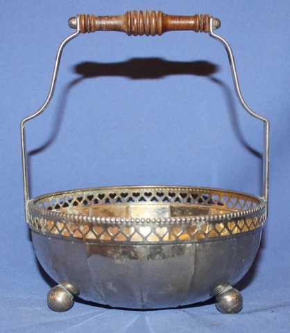 Vintage Tin Footed Basket With Wooden Handle Cover