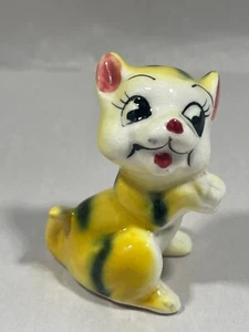 Vintage 1950s Ceramic Cat Figurine Yellow Stripe Cute Whimsical Kitsch Decor - Picture 1 of 7