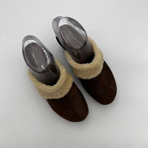 NINE WEST Shoes Clarige Brown Leather Faux Fur Trim Mule Clog Shoe Sz 7.5M - Picture 1 of 12