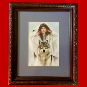 MAIJA NATIVE AMERICAN WOMAN AND WOLF FRAMED PRINT 12 X 10 VINTAGE 1992 - Picture 1 of 9