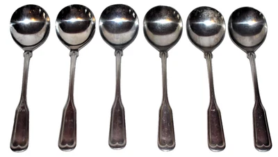 6 SSI Japan Stainless Steel Flatware Cream Soup Gumbo Spoons 6 3/8" - Image 1 of 3