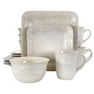 Elama Ivory Lotus 16 Piece Square Dinnerware Set - Picture 1 of 1